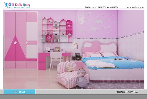 Phòng ngủ baby màu hồng dẽ thương cho con gái chị Đào